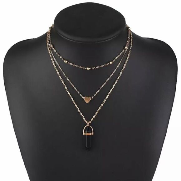 𝅺GOLDEN Layered Faux Onyx Stone Necklace - Picture 1 of 10